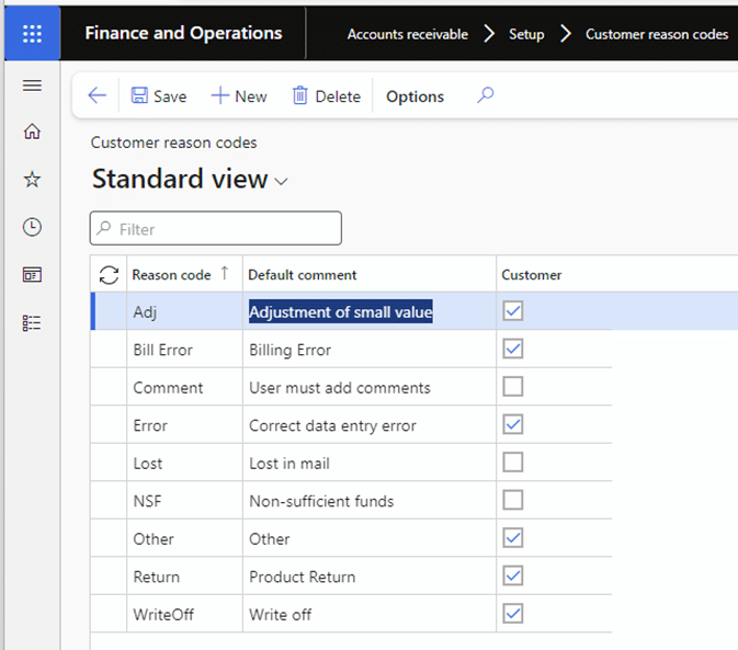 Screen showing customer reason codes. There are check boxes in the customer column, which is to the right of the reason codes.