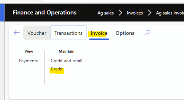 Navigation in Finance and Operations is Ag sales > Invoices > Ag sales invoices > Invoice > Credit