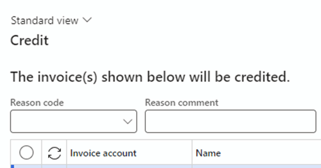 Reason code drop down menu is located below the text "The invoice(s) shown below will be credited"