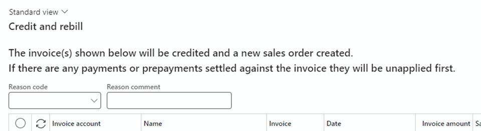 Reason code drop down menu is located below the text "If there are any payments or prepayments settled against the invoice they will be unapplied first"