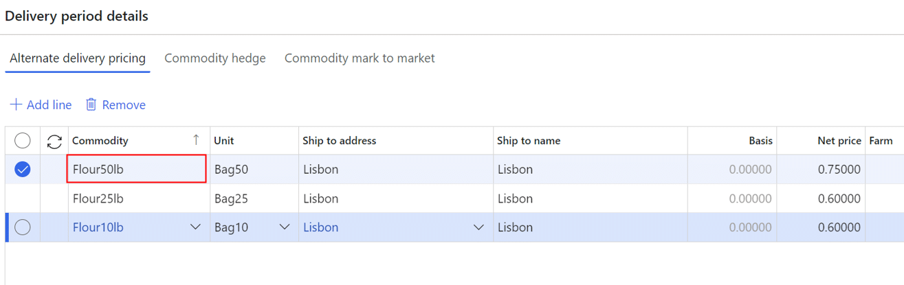 Flour50lb is a commodity listed under alternate delivery pricing