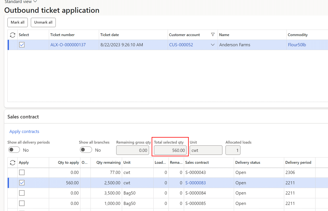 The outbound ticket is selected on the outbound ticket application screen. Below that, the sales contract containing the alternate commodity is selected. The ticket's total selected quantity is converted into the contract units (quantity of 560).