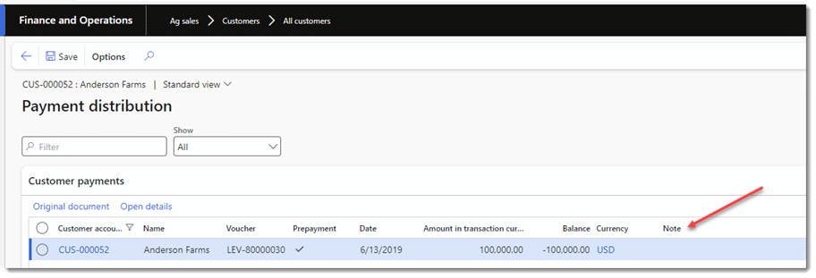 Note is located on the right-hand side of the prepay distribution screen payment distribution form