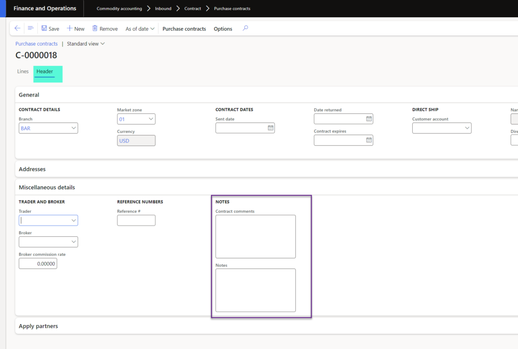 Window view of notes/contract comments tab.