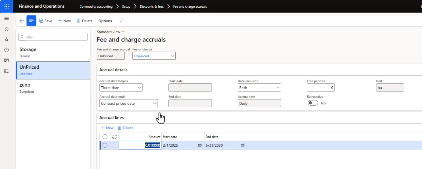 Screenshot of how to set up purchase contract in Commodity Accounting
