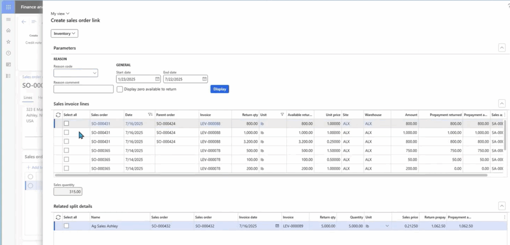 Image that shows you can select items to return even if they have prepayments or splits