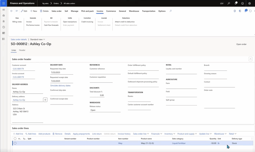 Image of the Sales Order screen 