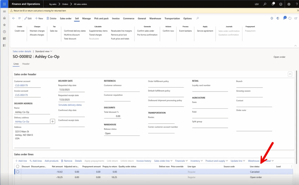Screen view after selecting sales order to return which shows canceled and open orders