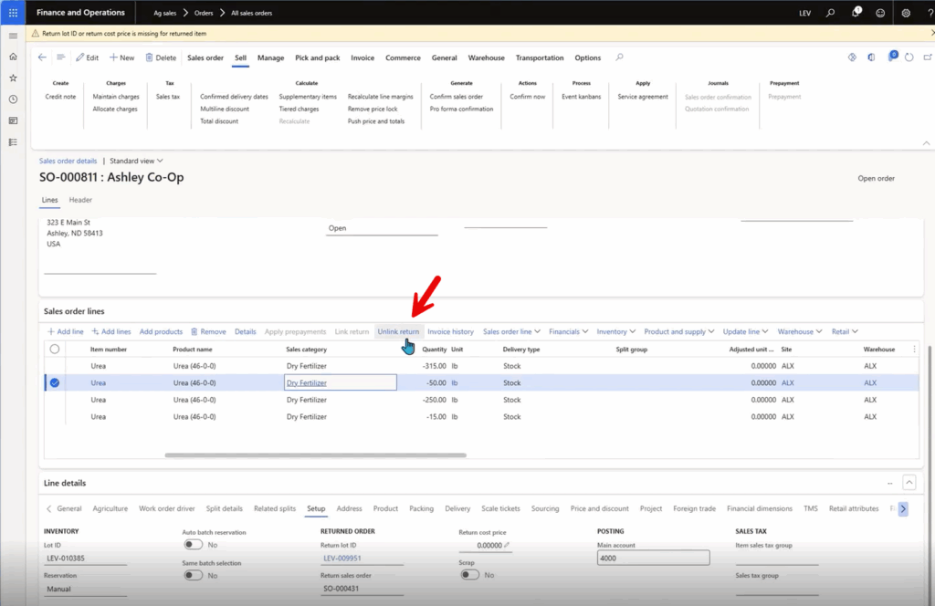 Screen showing how to unlink the return of a sales order