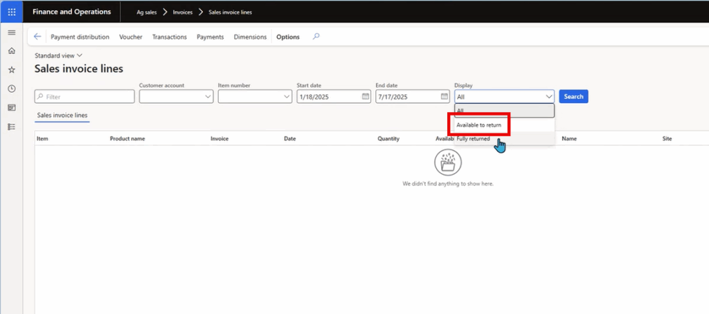 The Sales Invoice Lines screen now includes filter for Available to Return