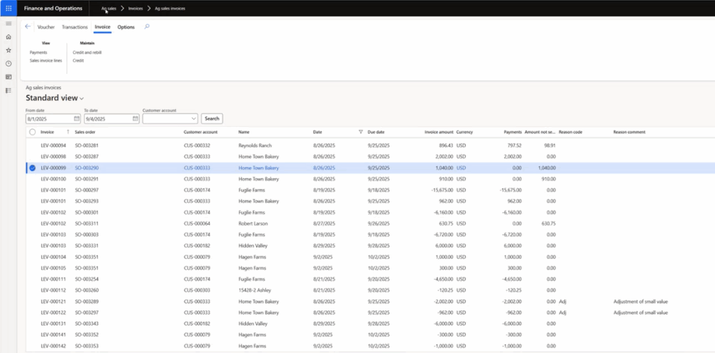 Opening screen in Levridge Ag Sales for Credit and Rebill