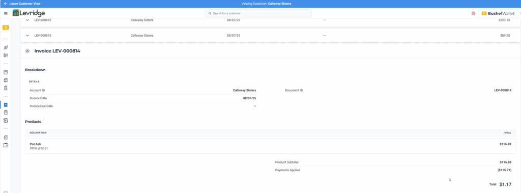 Image of Levridge invoice in Bushel platform. 