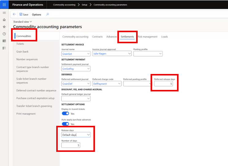 Screen image for commodity accounting parameters form.