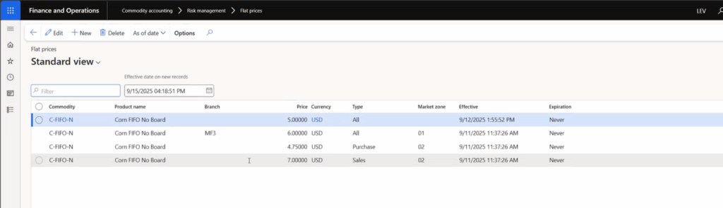 Mark to market screen with flat pricing fields
