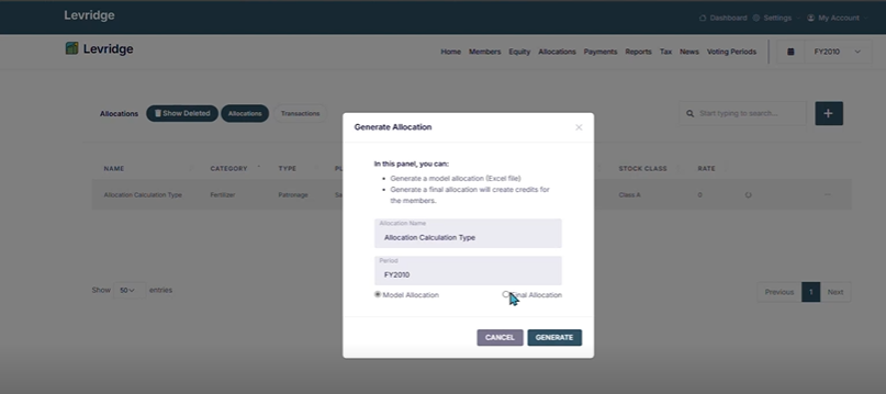 Equity and Patronage generate allocation screen.