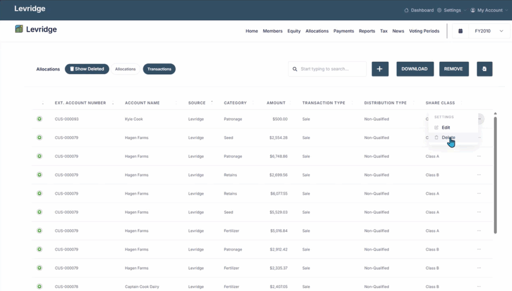 Equity transactions opening screen.