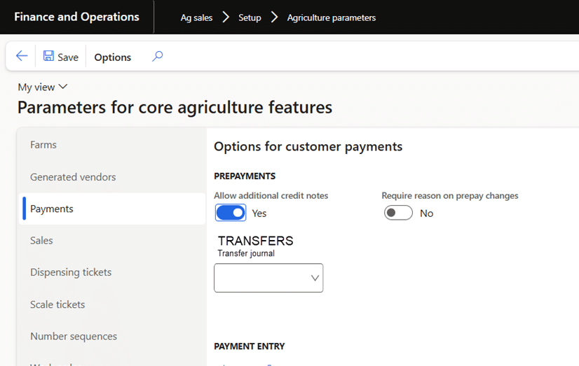 Screen image in F&O to set up parameters for core agriculture features