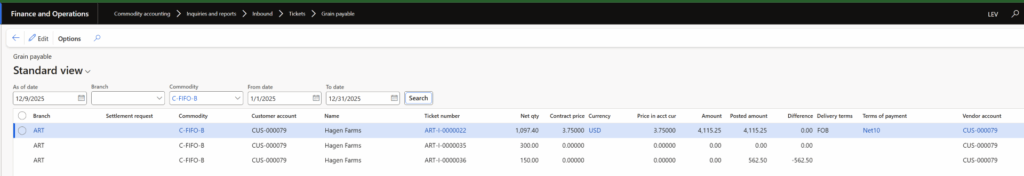 Grain Payable Inquiry Form