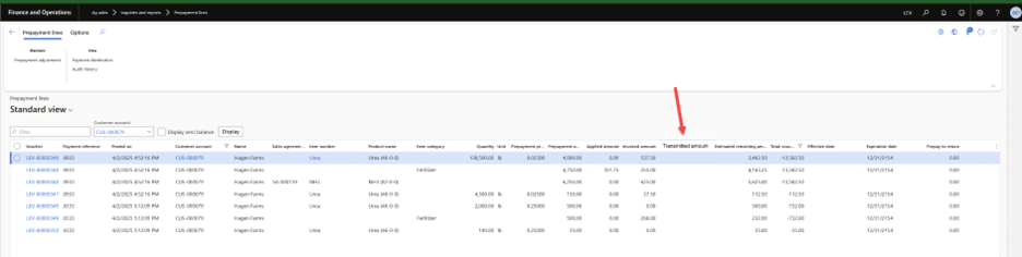 Payment lines inquiry to show transmitted amounts