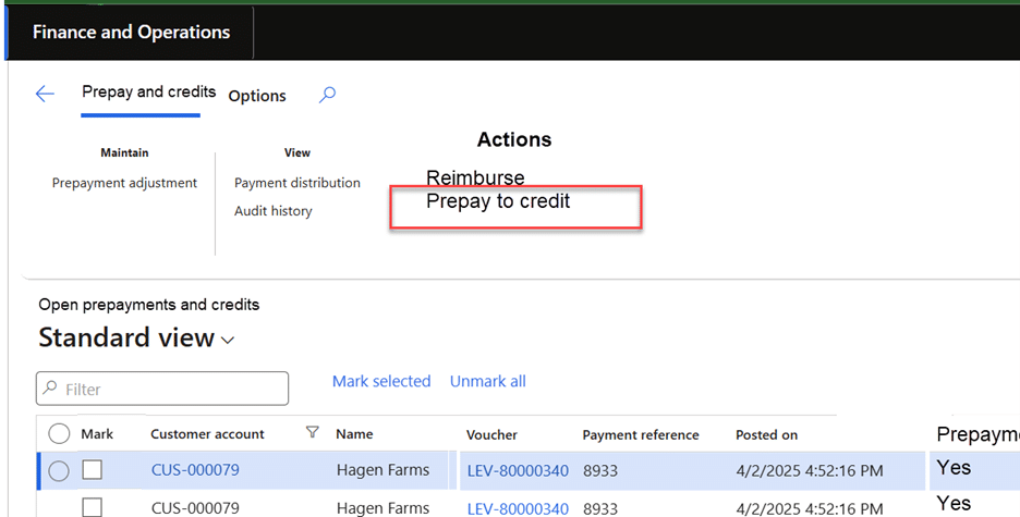 F&O Prepay and Credit screen