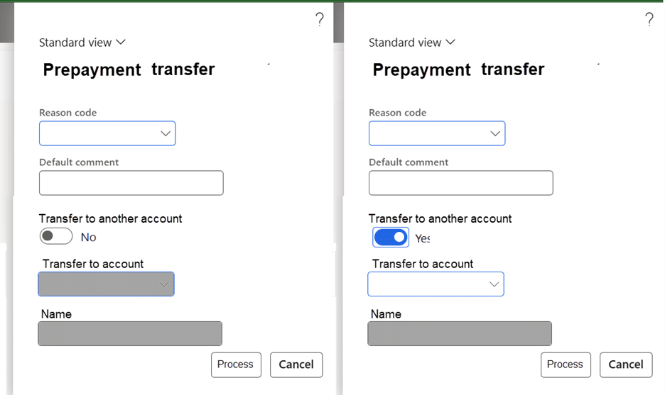Dialog box for prepayment transfer
