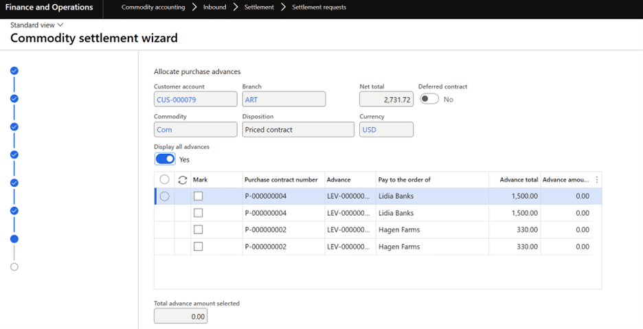 Commodity settlement wizard setup screen