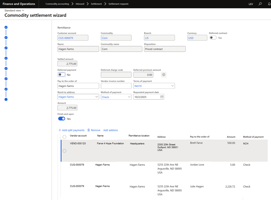 Commodity accounting settlement wizard setup screen