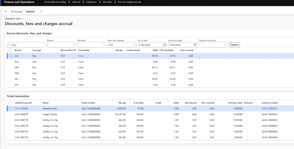 The main screen for discounts, fees and charges accrual.