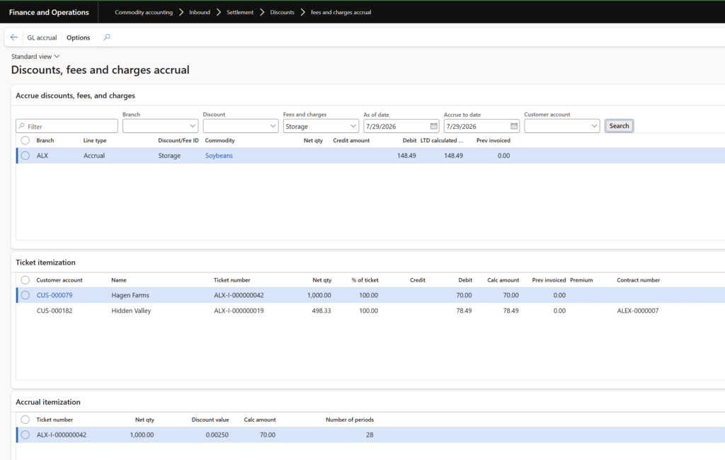 view of branches and customer accounts for accruals and ticket itemization
