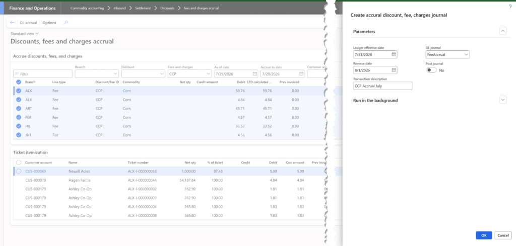 Screenshot of discounts, fee, charges journal wizard